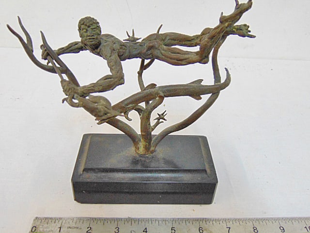 Bronze figure, Diver & Barracuda, by Frank Elisco, on black stone base, 7" wide, height is 7.5", 2: Bronze figure, Diver & Barracuda, by Frank Elisco, on black stone base, 7" wide, height is 7.5", 2 pieces.
