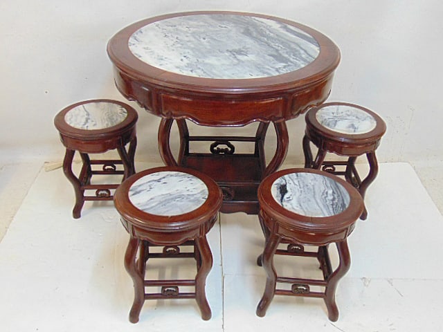 Marble top Chinese center table with 4 marble top stools or side tables, table has lower shelf, (1 of 7)