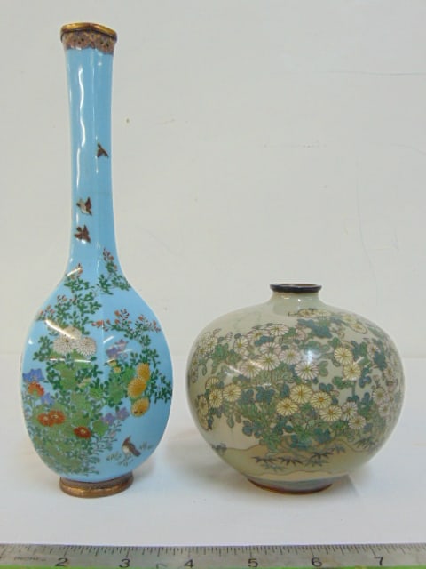 2 Cloisonne vases, squat vase in grey with floral decorations, 4.25" tall & light blue tall vase (1 of 9)