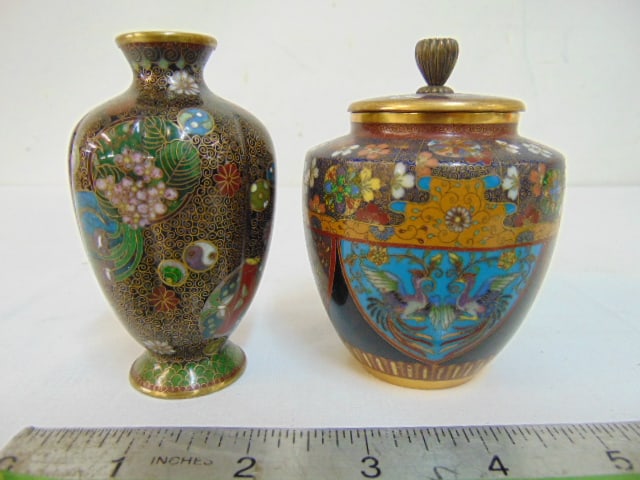 Small cloisonne lidded vase & small cabinet vase, lidded vase, both are floral decorated and are (1 of 5)