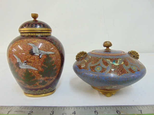 Two small cloisonne pieces, lidded jar & vase, decorated with various birds & flowers, vase is 4.75" (1 of 8)