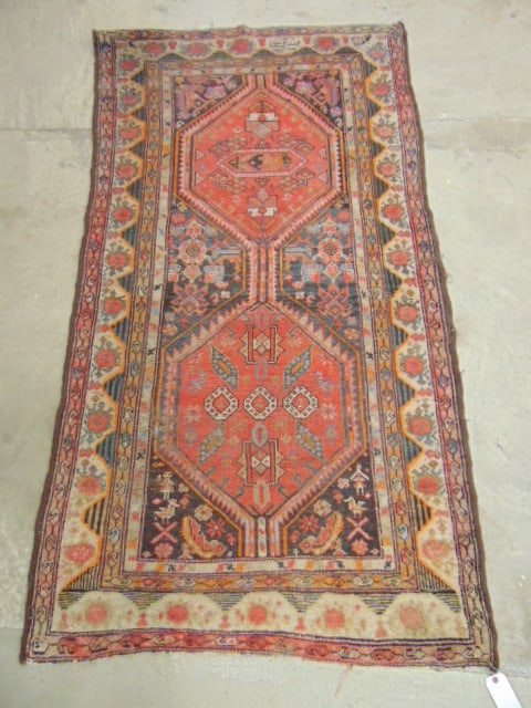 Turkish scatter rug, in red, brown detail, has Arabic script, carpet is worn, 6'11" by 3'11" (1 of 5)