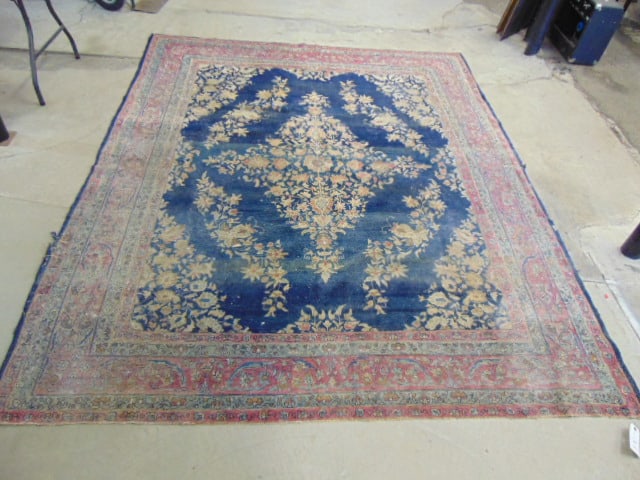 Persian carpet, blue with red border, Kashan (?), rug is worn & dry, has several tears, as is, 9'5" (1 of 6)