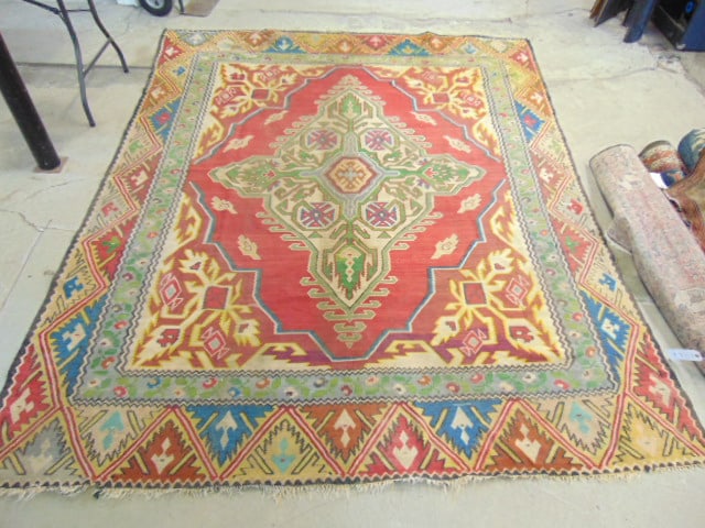 Room Size Turkish flat weave carpet, Oushak style, needs a cleaning, rug is 10'2" by 8", few small (1 of 7)