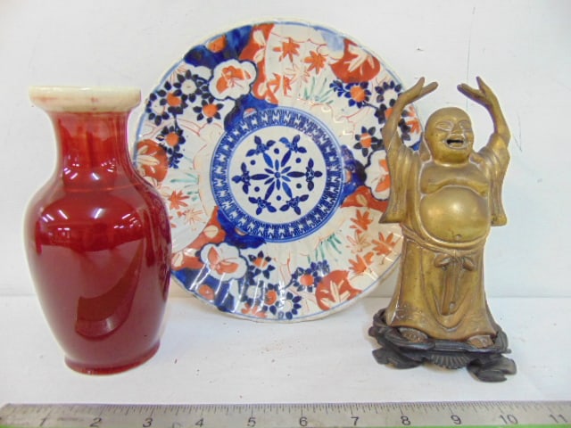 Asian lot, brass Buddha on wood base, oxblood vase & Imari plate, vase is 6.5" tall, dish is 8 5/8" (1 of 5)