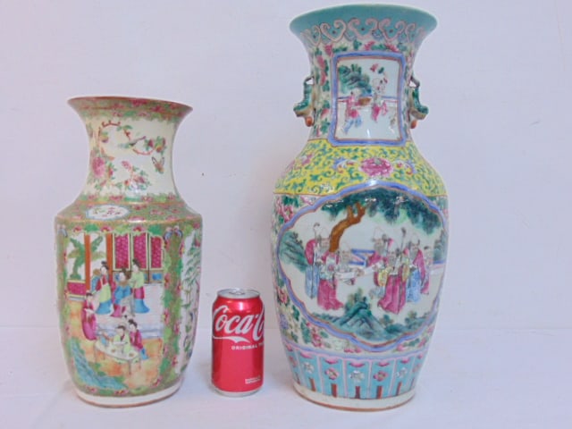 2 Chinese rose medallion vases, both repaired, height is 18" & 14" tall. (1 of 8)