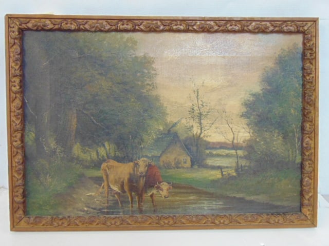 Painting, cows in stream by house, signed Maxlini, Martini (??), oil on canvas, 12" by 18" (1 of 4)
