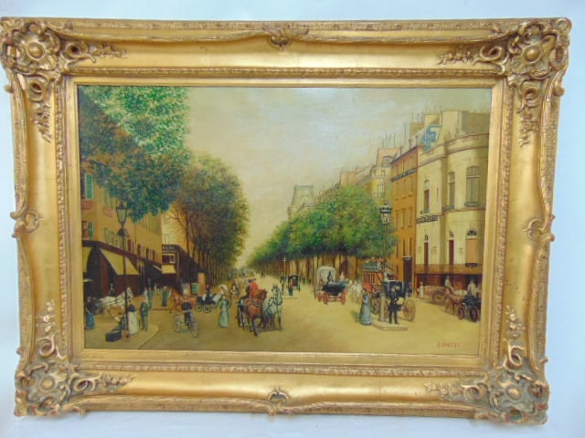Painting, Parisian street scene, signed S. Daniel, in style of Camille Pissarro, various figures, (1 of 7)