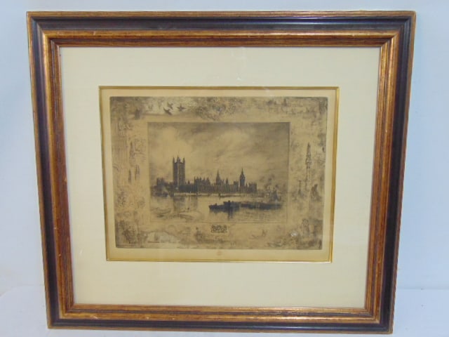 Etching, Westminster Palace, London, with decorative border, by Felix-Hilaire Buhot, 12.75" by: Etching, Westminster Palace, London, with decorative border, by Felix-Hilaire Buhot, 12.75" by 16.5", framed size is 24.25" by 27.25"