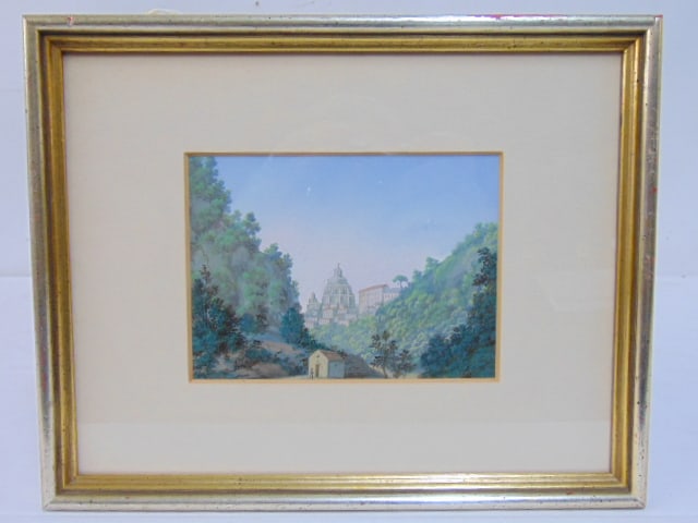 Gouache, basilica in mountains, unsigned, 3 5/8" by 5", framed size is 8" by 10" (1 of 3)