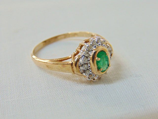 Jewelry. 14kt Gold ring w/ diamonds & bezel set green gemstone, size 7 1/2, diamonds tested, (1 of 4)