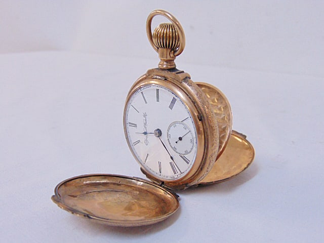 Jewelry. 14kt gold Elgin pocket watch, hunting case, rose gold accents, Elk, shield, 44mm face, (1 of 7)