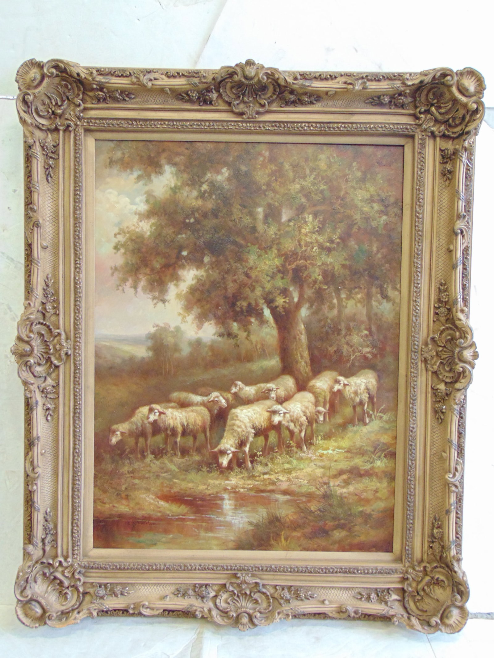 Large painting, sheep under tree by pond, signed G. Cotner (?), oil on canvas, in decorative frame: Large painting, sheep under tree by pond, signed G. Cotner (?), oil on canvas, in decorative frame, 48" by 36", framed size 63.5" by 51 framed, not old.
