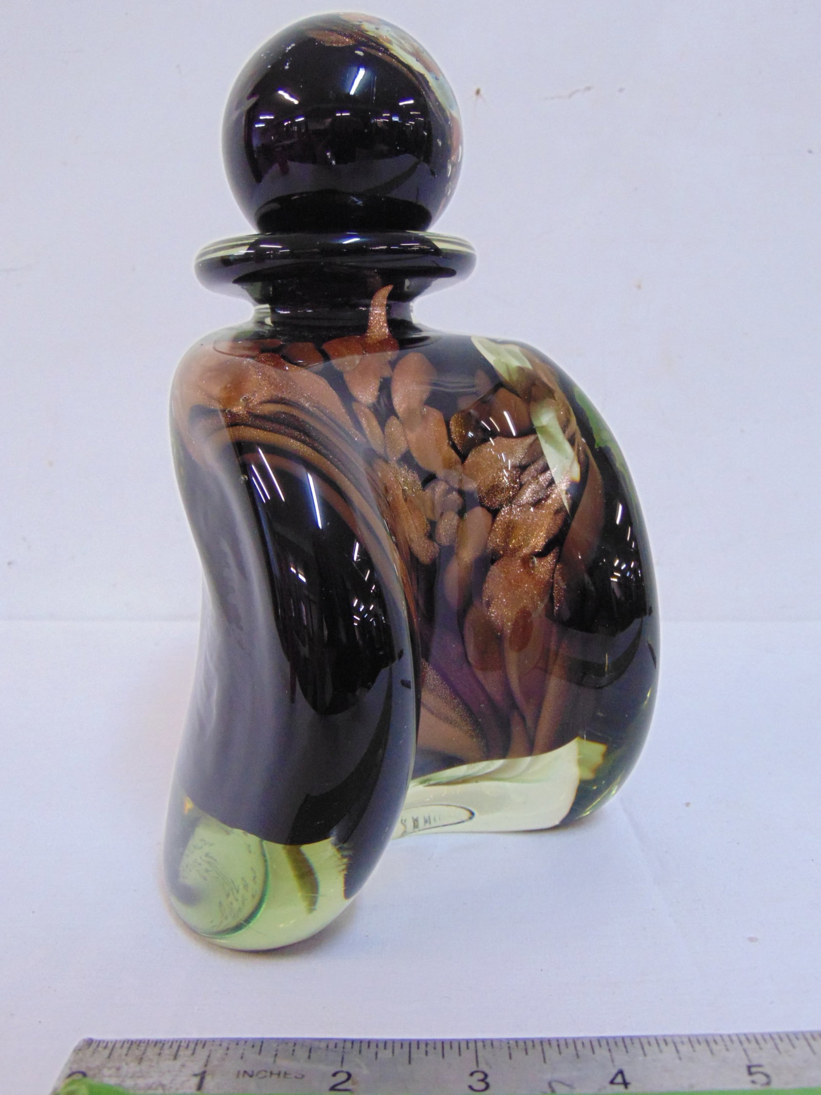 Large Michele Luzoro art glass perfume bottle in dark glass with gold dust decoration, 8.75" tall, (1 of 6)