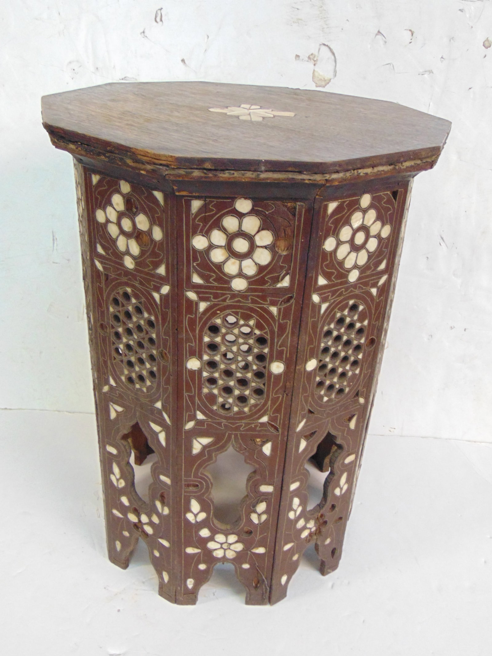 Small octagonal Moorish table, stand with bone inlaid detail, stand is 17.75" wide, height is 24" (1 of 5)