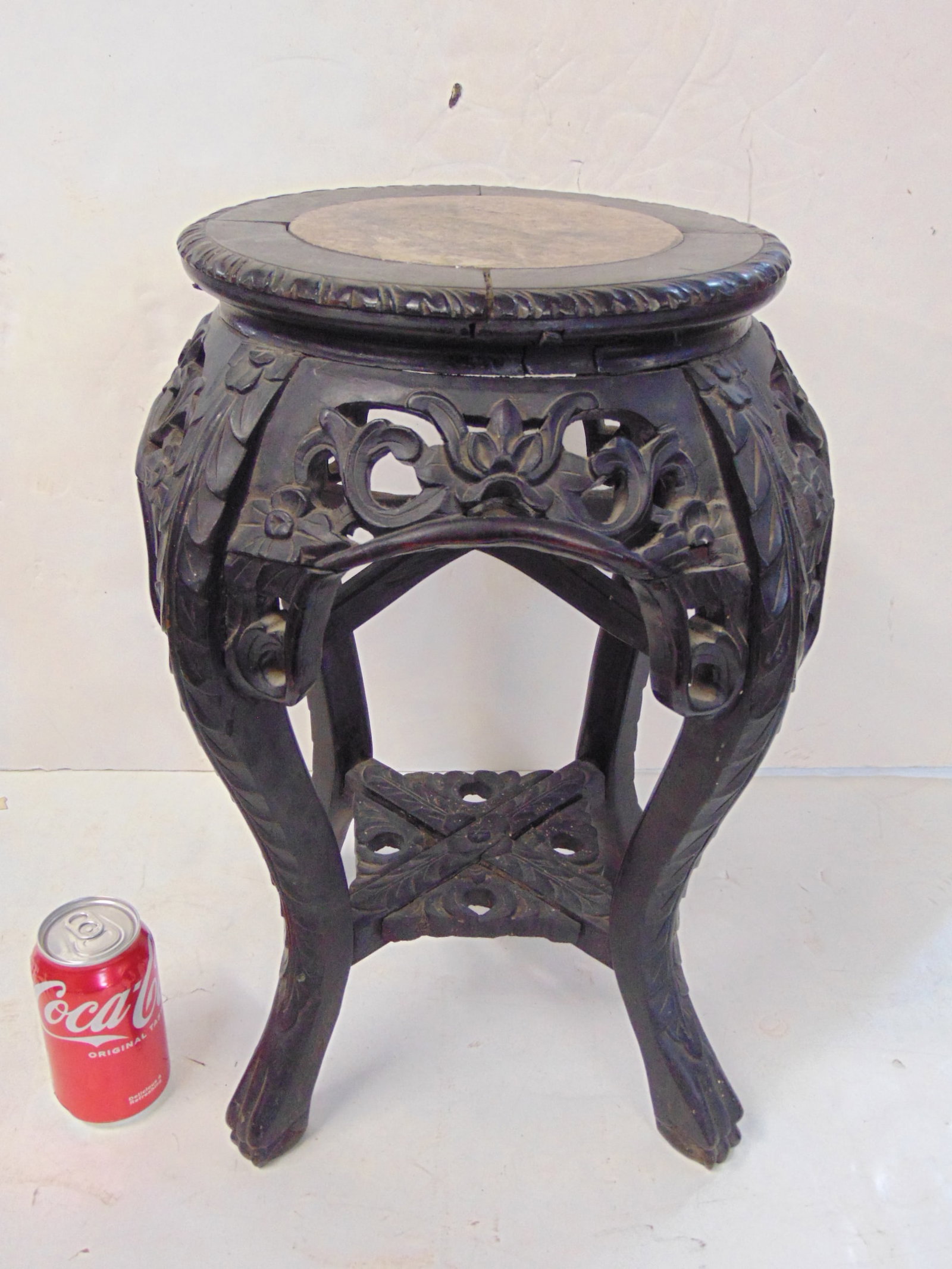 Chinese carved base marble top plantstand, round top, carved stretcher & lower carved shelf, 13" wid (1 of 4)