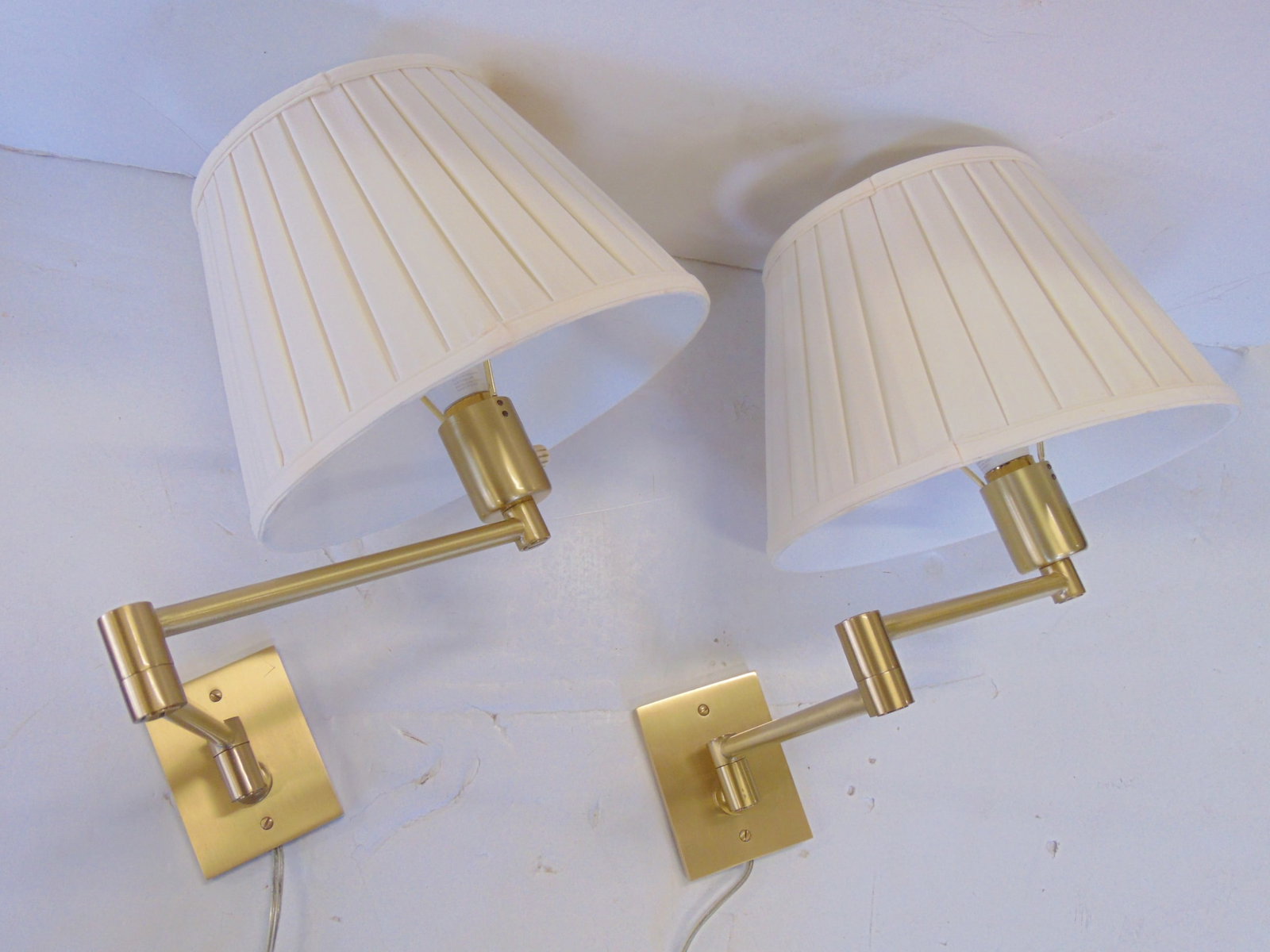 Pair brushed brass mid Century Hansen Lamps swing arm wall sconces, with hand tailored linen shades (1 of 11)