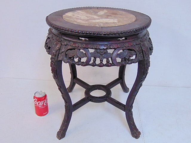 Chinese carved base marble top plant stand, 19.25" tall, 17.5" wide. (1 of 4)