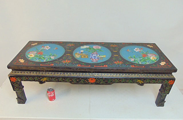Decorative Chinese coffee table with inlaid cloisonne panels & paint decorated detail, top has three (1 of 9)