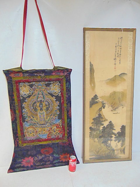Chinese watercolor & Tibet Thangka, watercolor showing figure on bridge overlooking bay, signed, (1 of 9)
