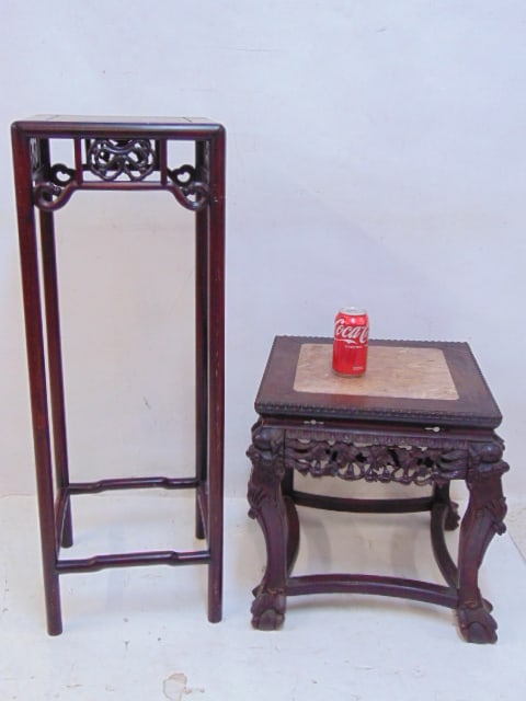 2 Chinese stands, carved base marble top plant stand, and tall pedestal style stand, marble top (1 of 6)