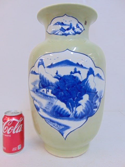 Large Chinese porcelain vase, blue & white scenes on light green body, vase is 16.5" tall, good (1 of 6)