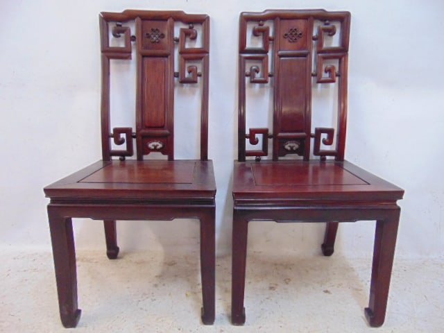 Pair Chinese carved side chairs, one has missing carvings in back support, chairs are 17.75" by 17" (1 of 4)