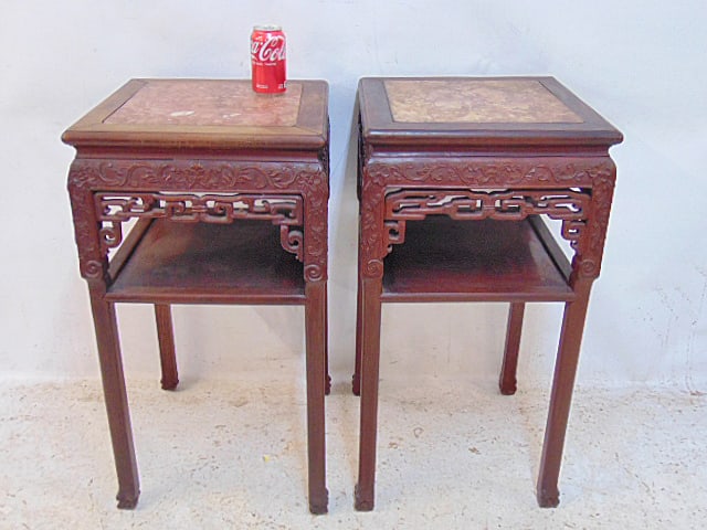 Pair carved base marble top Chinese stands, carved skirts with lower shelf, each stand is 16.5" by (1 of 5)