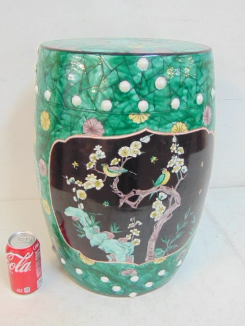Porcelain Chinese garden seat, in black & green decorated with flowers, birds & butterflies, 13": Porcelain Chinese garden seat, in black & green decorated with flowers, birds & butterflies, 13" wide, 19" tall, good condition