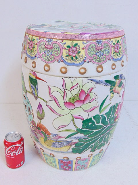 Porcelain garden seat decorated with birds, ducks and flowers, seat is 18.25" tall, 13" wide, in (1 of 7)