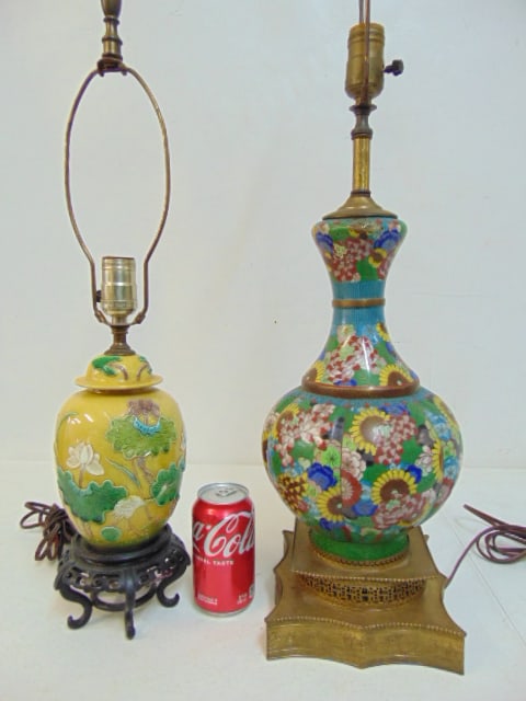 2 Chinese table lamps, ceramic & cloisonne lamp, cloisonne lamp on brass base with extensive floral (1 of 6)