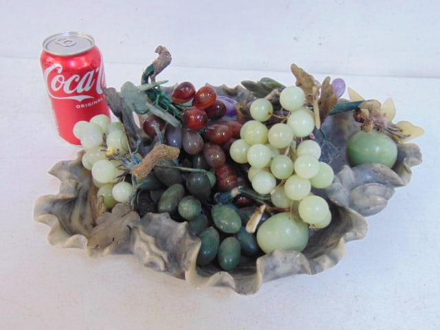 Carved soapstone bowl filled with carved hardstone grapes, bowl is 15.5" by 12" (1 of 4)