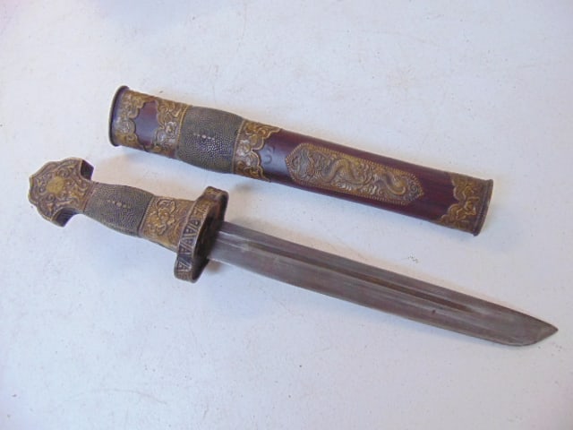 Ceremonial knife or dagger, Chinese, Tibet (?) with brass dragon decoration & (faux ) shagreen, (1 of 4)