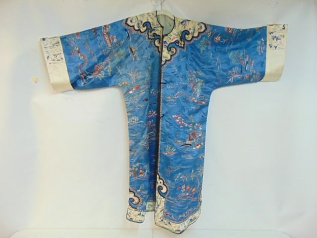 Chinese embroidered robe, in blue, various scenes, figures, landscapes, 56" wide, 48" tall, in good (1 of 8)