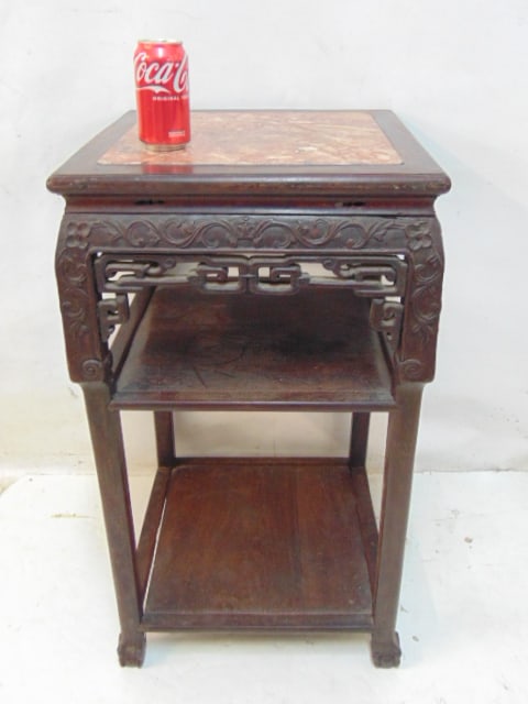 Chinese carved base marble to stand, two tier, carved detail, stand is 18" by 18", height is 31.75" (1 of 4)