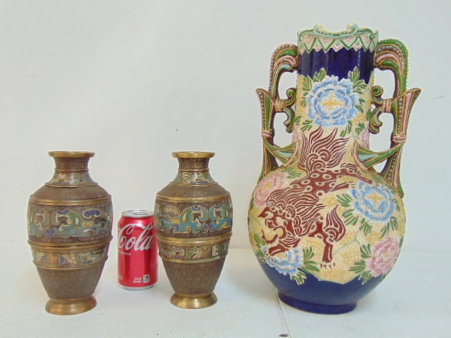 Japanese Satsuma vase & pair cloisonne vases, floral decorated, one cloisonne vase has rust stain, (1 of 6)