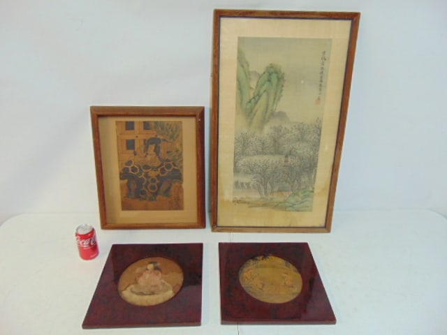 Asian art, frame lot, Chinese scene with birds in trees, stained at bottom margin, 31.75" by 18.5", (1 of 7)