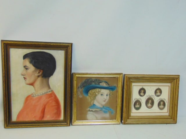 3 pieces art, painting, portrait woman with pearl necklace, unsigned, oil on canvas board, 23.5" by (1 of 4)
