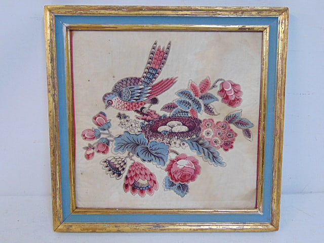 Embroidered linen collage with bird scene showing a bird on a nest with eggs, 16 3/8" by 15.75", in (1 of 3)