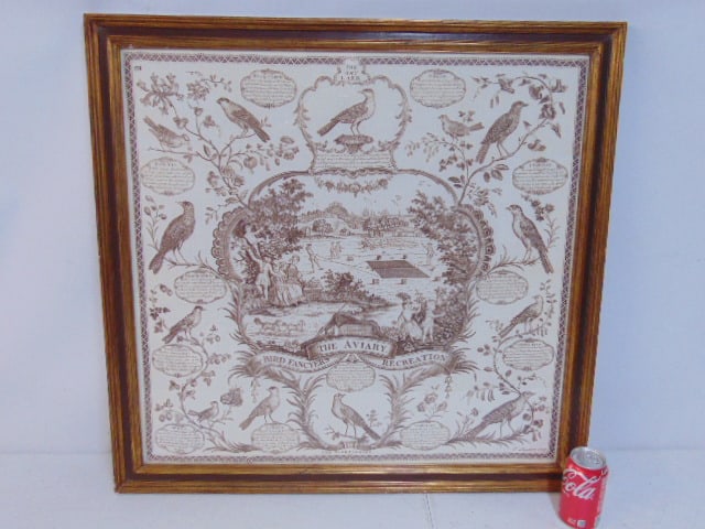 Vintage framed print on linen, "The Aviary or Bird Fancyers Recreation", 30" by 31 3/8" (1 of 5)