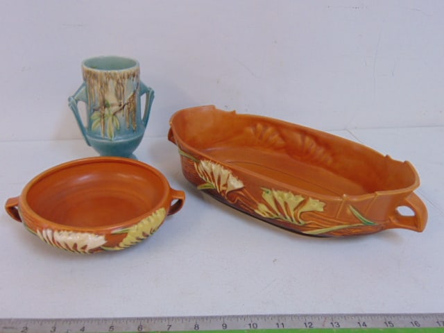 3 pieces Roseville art pottery, round Freesia bowl 7.25", Freesia planter, 15.5" by 7.25" Moss (1 of 8)