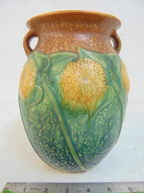 Roseville art pottery vase, Sunflower pattern, height is 8.25", good condition (1 of 5)