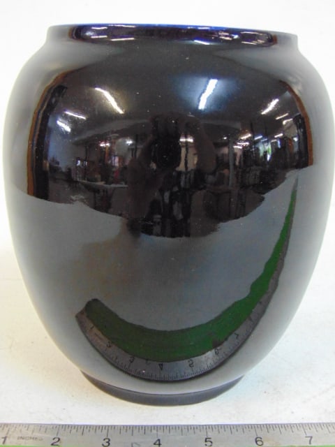 Rookwood production vase in dark blue, light blue crackle glazed interior, 1920's, good condition,: Rookwood production vase in dark blue, light blue crackle glazed interior, 1920's, good condition, height is 8", 7.25" in diameter