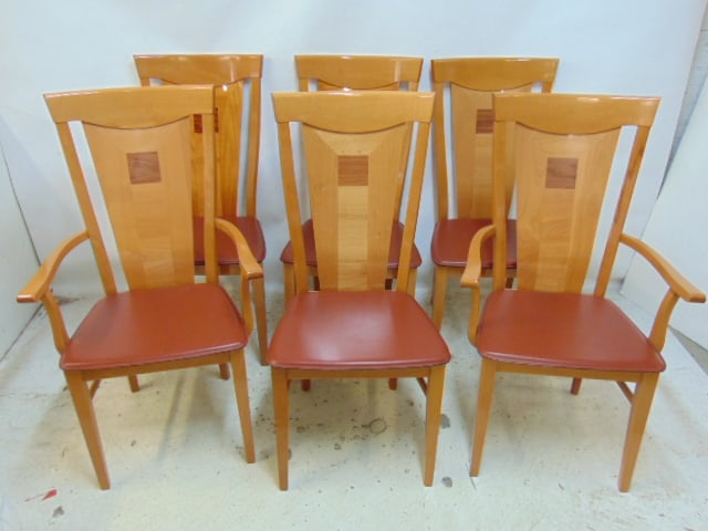 Set of Italian dining chairs, inlaid detail, leather seats, frames are a bit loose, 2 arm, 4 side, (1 of 7)