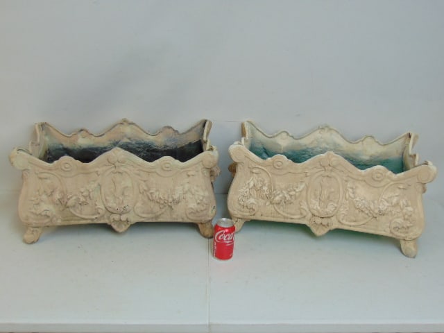 Pair decorative aluminum or zinc (?) painted planters, 24.5" by 13.25", height is 12.5" (1 of 4)