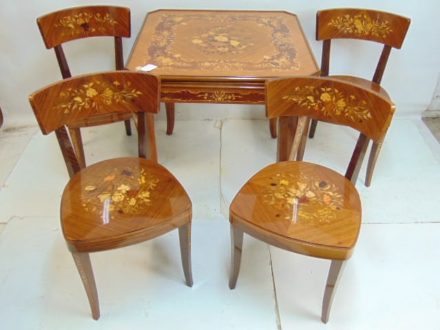 Inlaid game table with 4 matching chairs, chess, checkers, convertible top, with game pieces, table (1 of 10)