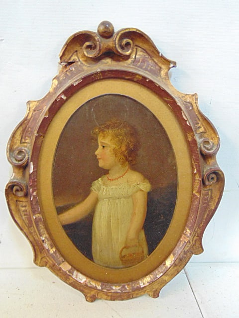 Painting, portrait girl, Rembrandt Peale, oil on board, label on reverse reads "Eleanor Barry, aged (1 of 5)