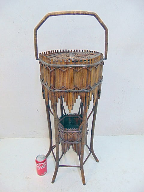 Decorative vintage bamboo sewing stand, height is 27.75", 15" wide (measured at ground level between (1 of 4)