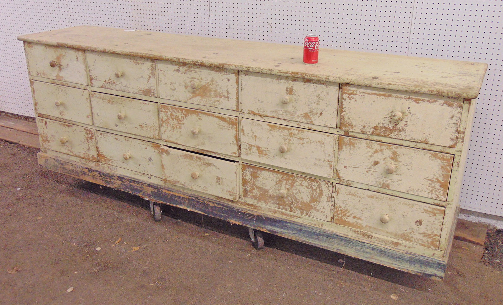 Large pine multi drawer cabinet in old white paint, cabinet has 15 even sizes drawers with wood (1 of 6)