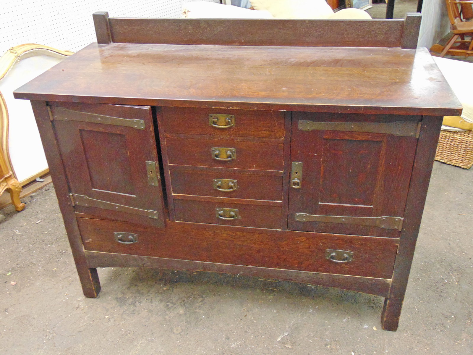 L&JG Stickley sideboard, 4 center drawers flanked by doors with large bottom drawer, back splash, (1 of 8)